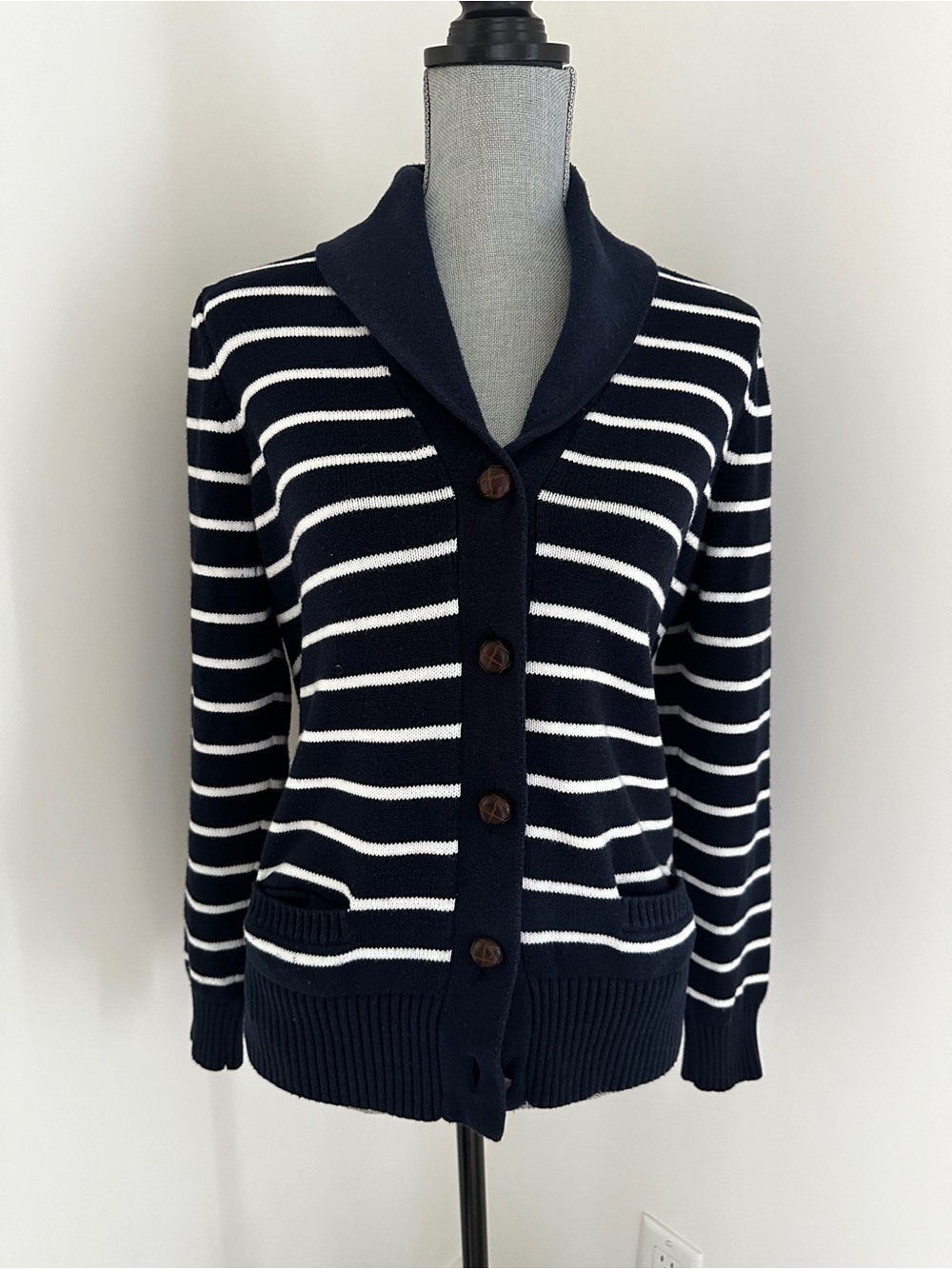 Women's Shawl Collar Cardigan Sweater sz S-M Navy/White Striped